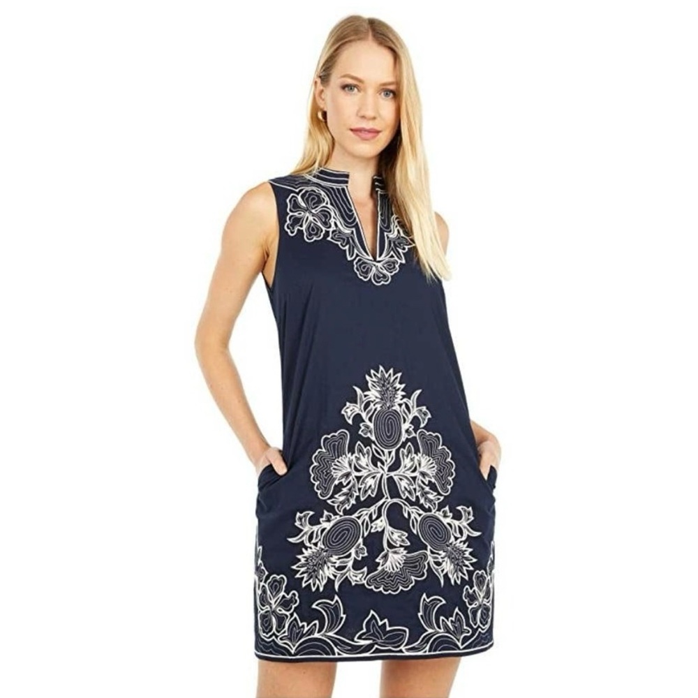 Tory Burch Sleeveless Cotton Embroidered Navy Tunic Dress Size Large